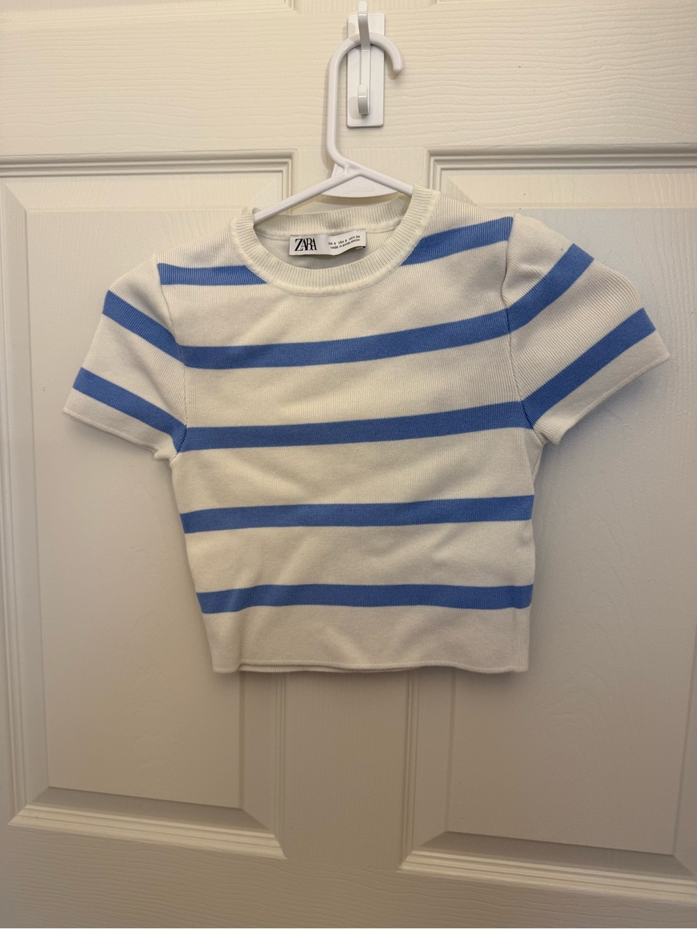 Zara White Tee with Blue Stripes Short Sleeve